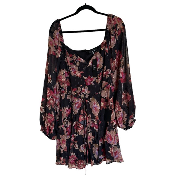 Lulus Dramatically Dreamy Black Floral Chiffon Tiered Lurex Mini Dress - Picture 3 of 8